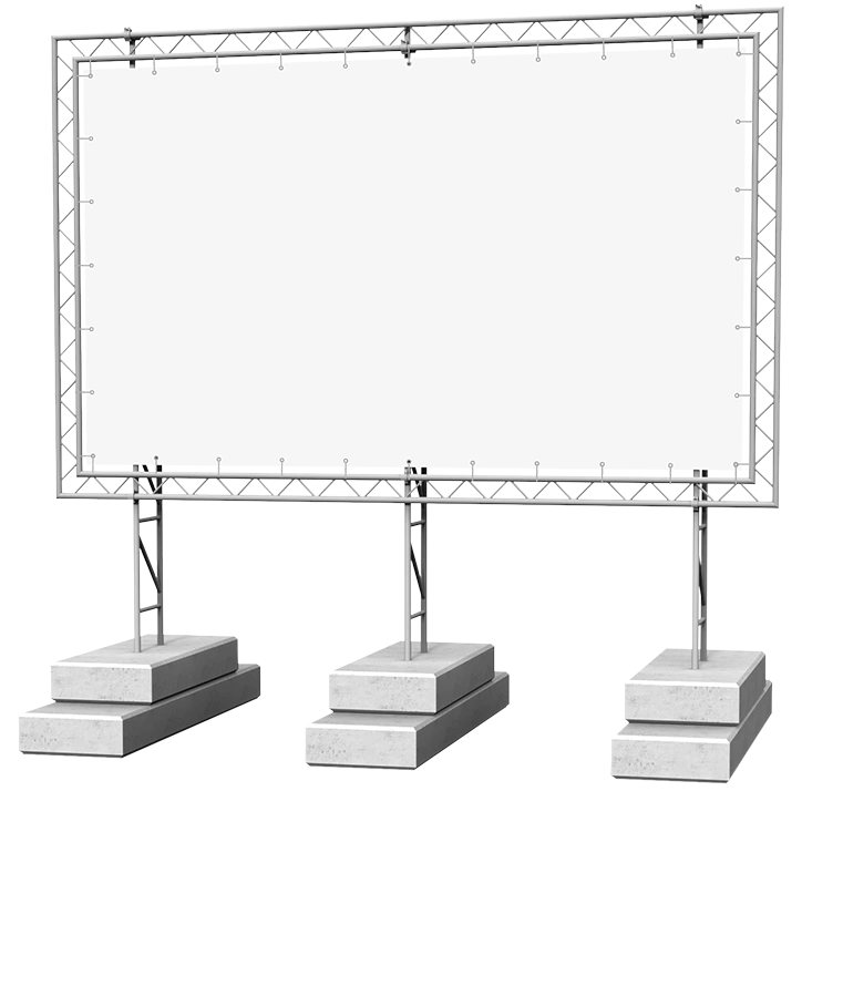 Großformatiges Bauschild mit Aluminiumträgern und Betonfundamenten