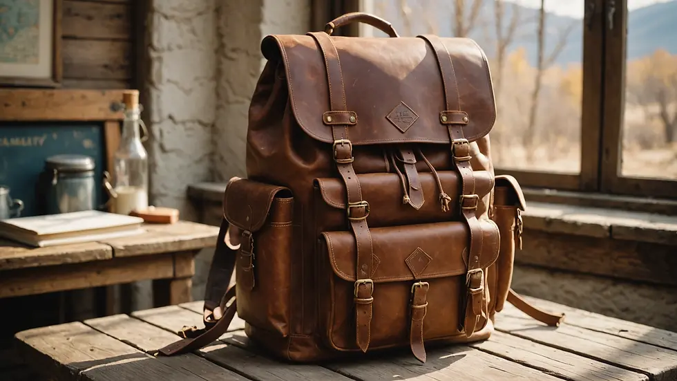 Close-up view of a vintage travel backpack resting on a rustic table