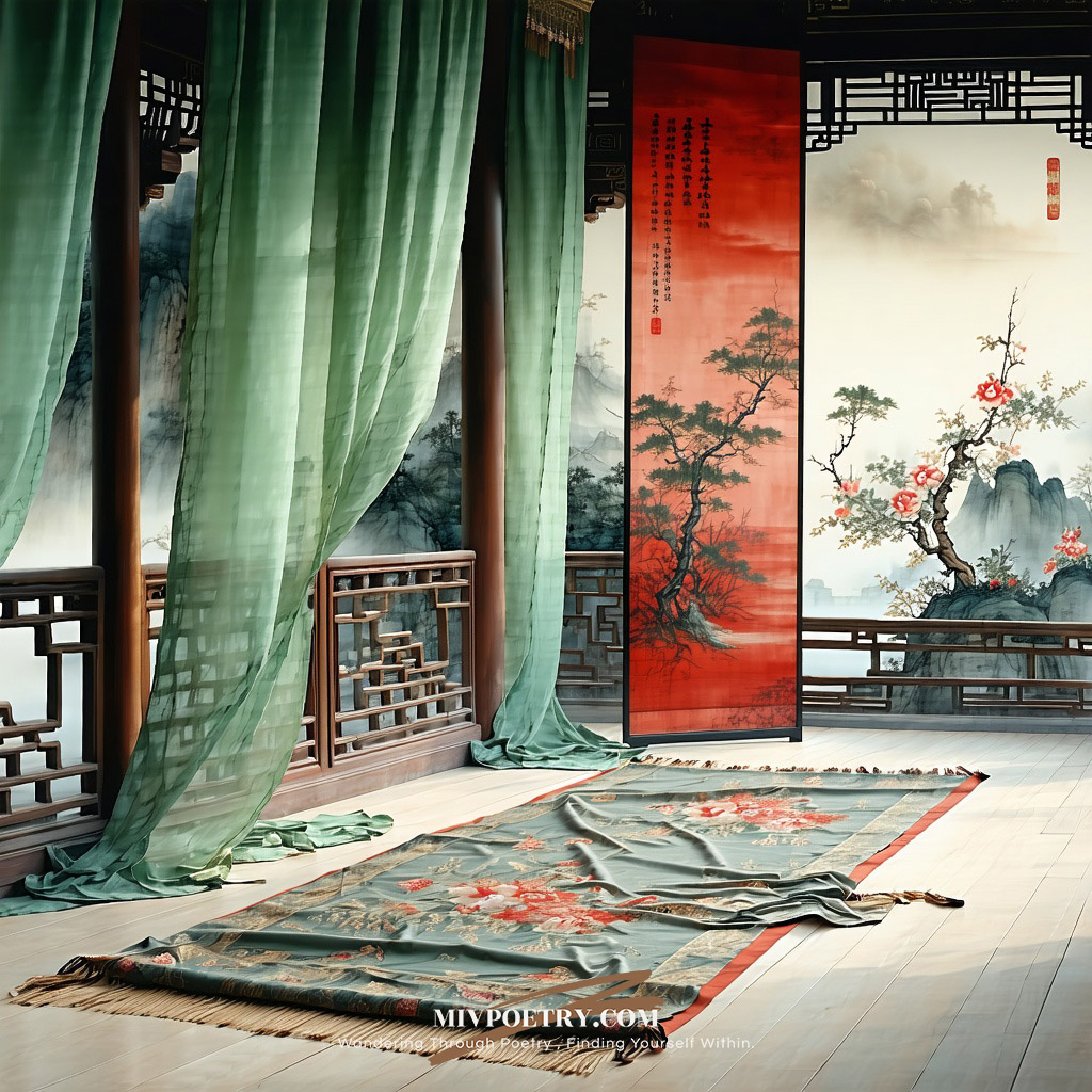 碧阑干外绣帘垂
猩色屏风画折枝
八尺龙须方锦褥
已凉天气未寒时