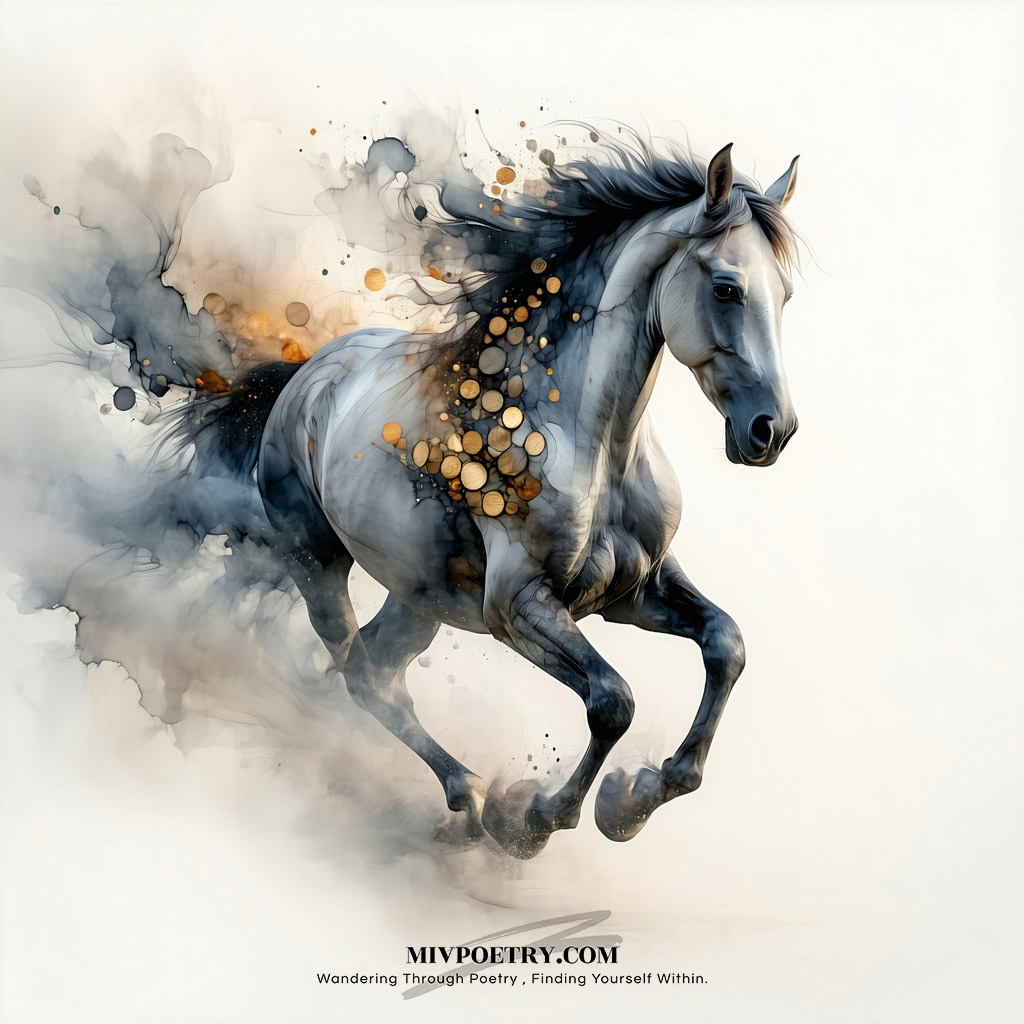 龙脊贴连钱
银蹄白踏烟
无人织锦韂
谁为铸金鞭