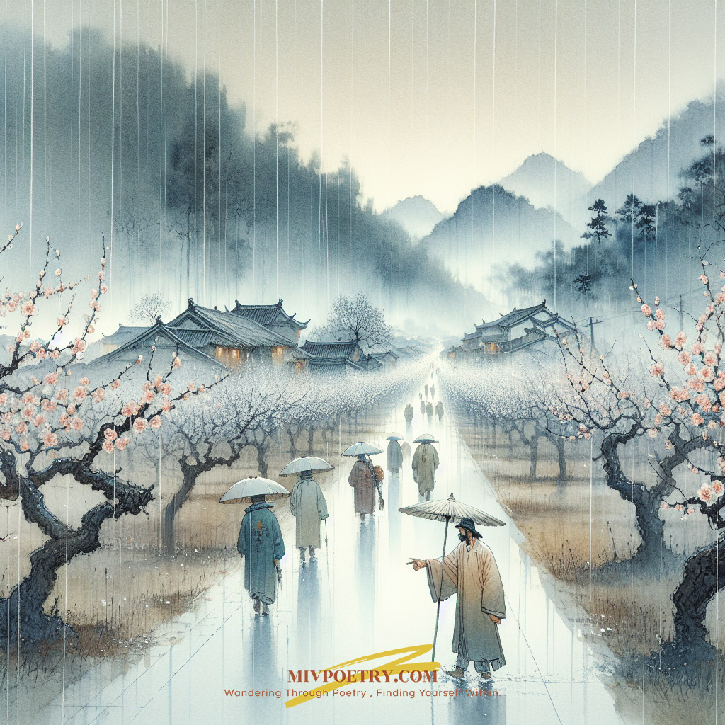 清明时节雨纷纷
路上行人欲断魂
借问酒家何处有
牧童遥指杏花村