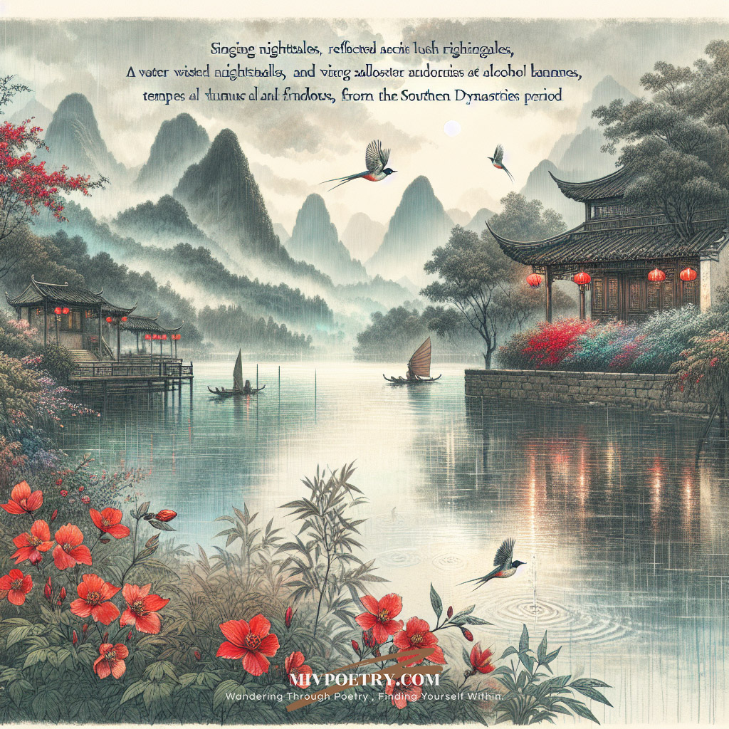 千里莺啼绿映红
水村山郭酒旗风
南朝四百八十寺
多少楼台烟雨中