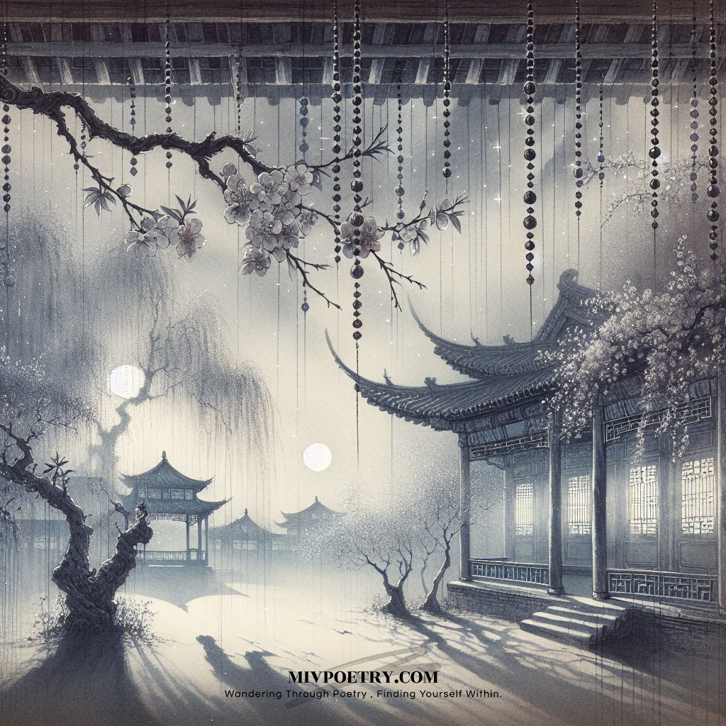 西宫夜静百花香
欲卷珠帘春恨长
斜抱云和深见月
朦胧树色隐昭阳