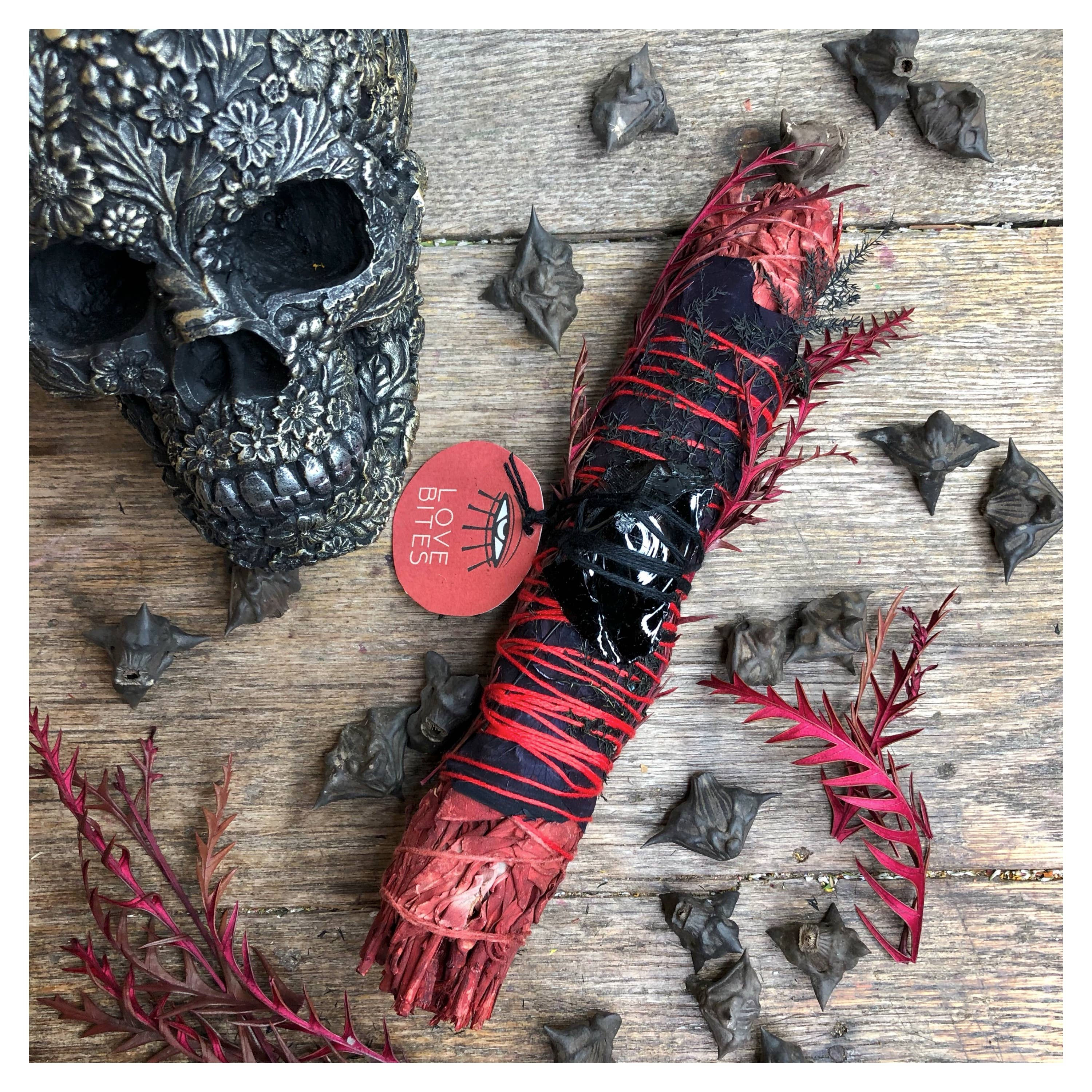 LOVE BITES! Dragon's Blood Sage Wand w/ Obsidian - 9"