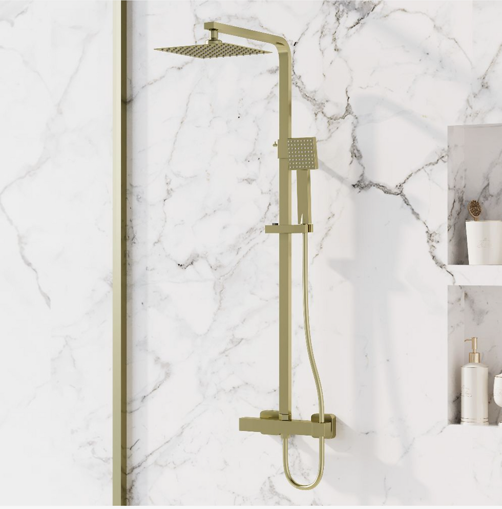 Thumbnail: Thermostatic Bar Shower Square Head, Handset & Riser Rail - Brushed Brass