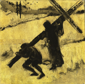 Station 5 on gold leaf canvas by Audrey Frank Anastasi