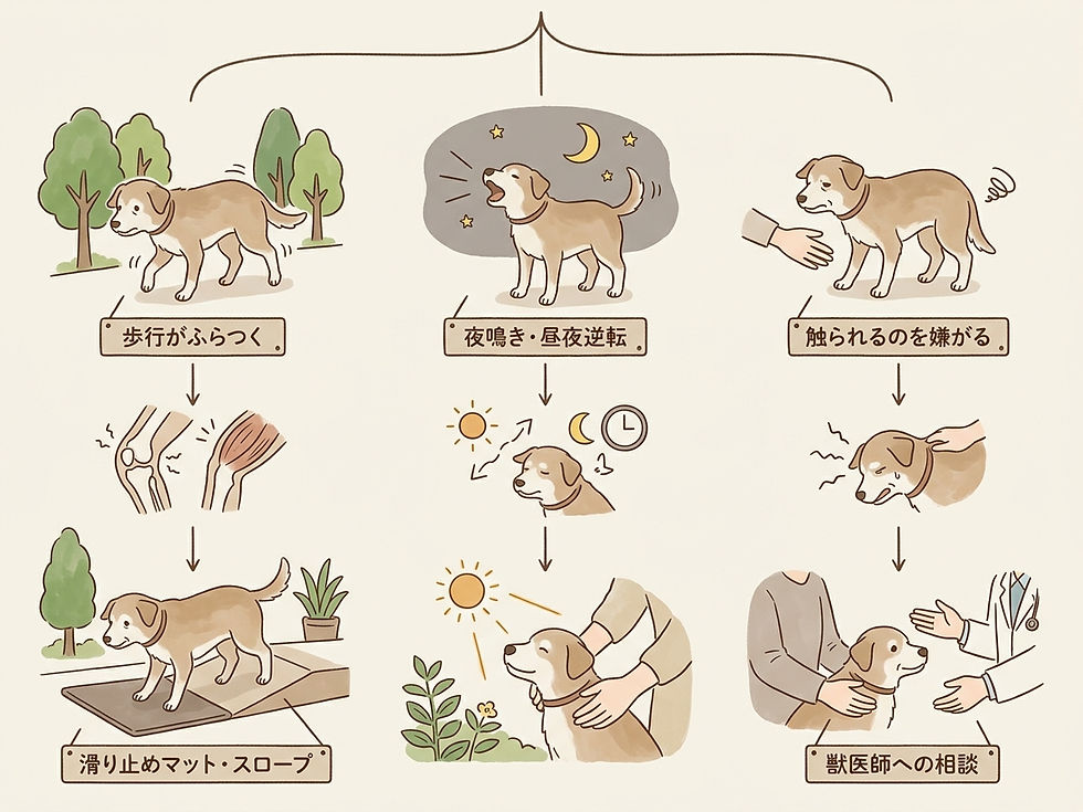 老犬に見られる変化ごとに、背景と家庭でできる工夫を整理した図です。