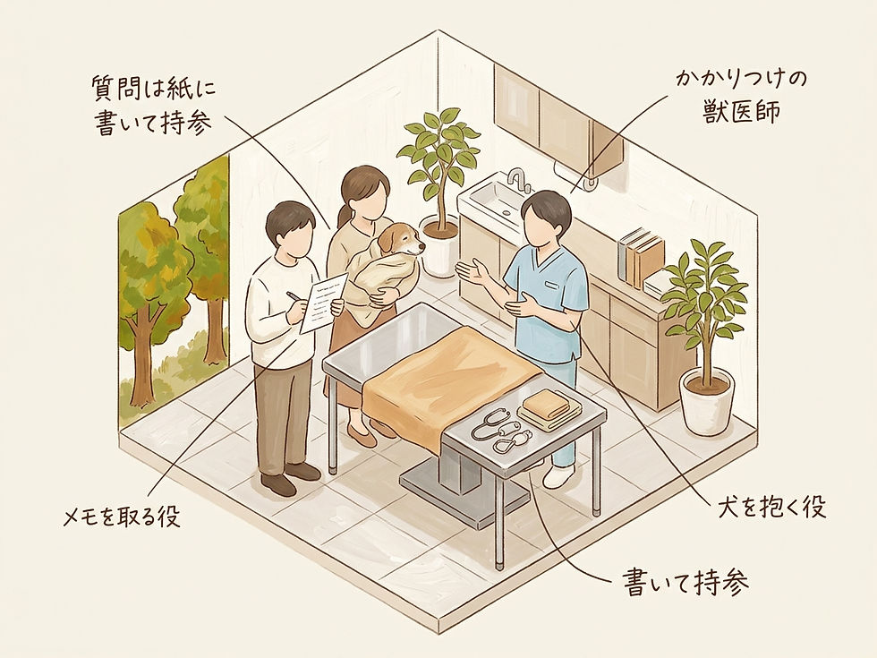 診察室では役割を分け、事前に書いた質問を持参すると聞き漏らしが減ります。