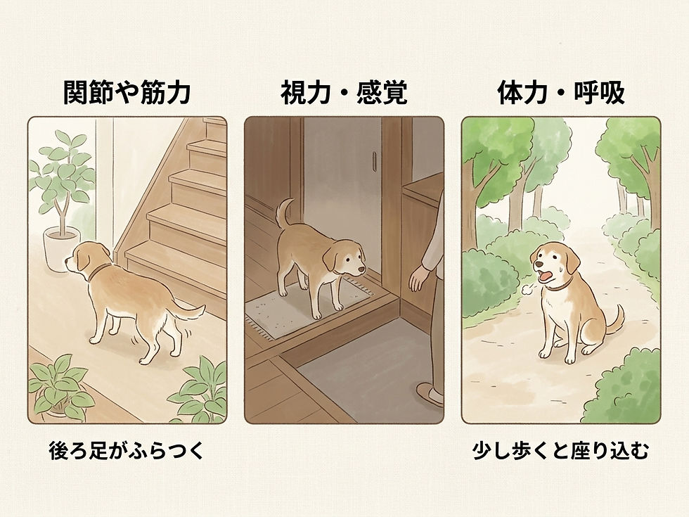 移動が難しいサインを、関節・感覚・体力の三つの原因別に整理した図。