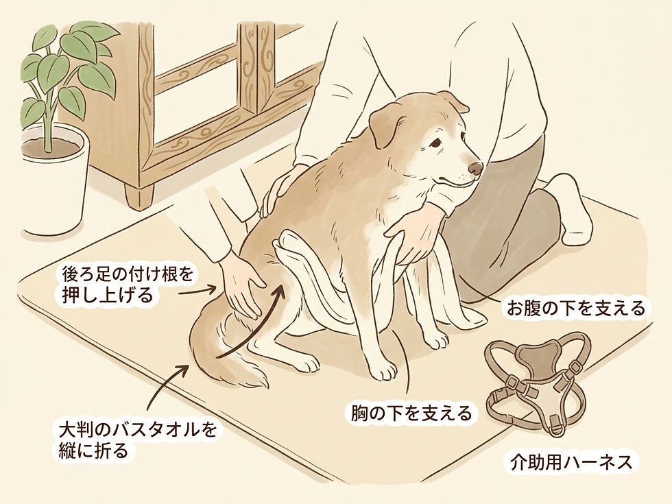 抱き上げずに、胸とお腹を別々に支えて立つ力を補う介助のしかた。