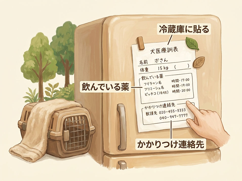 薬と病院の連絡先を紙1枚にまとめ、冷蔵庫や玄関に貼っておく。