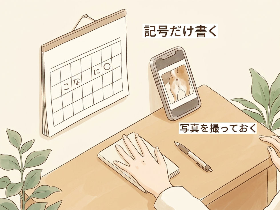 カレンダーに記号だけ残し、気になる状態は写真で補う記録のしかた。