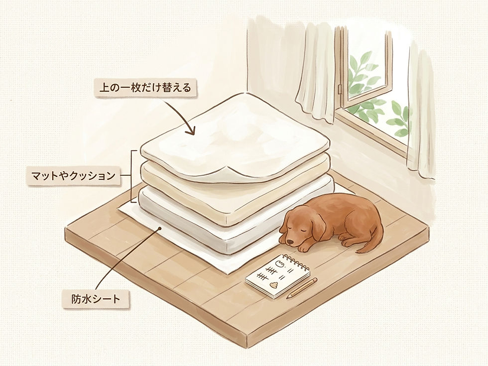 寝床は防水シートとタオルを重ね、上の一枚だけ替えられるようにする。