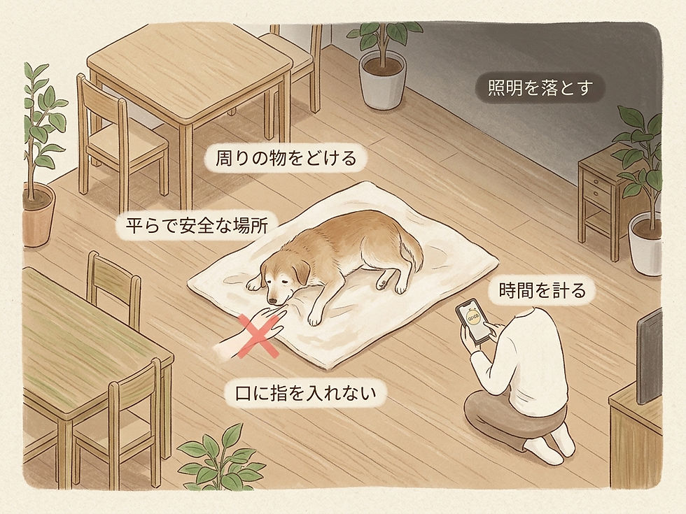 発作の最中は物をどけ、照明を落として静かに見守り時間を計ります。