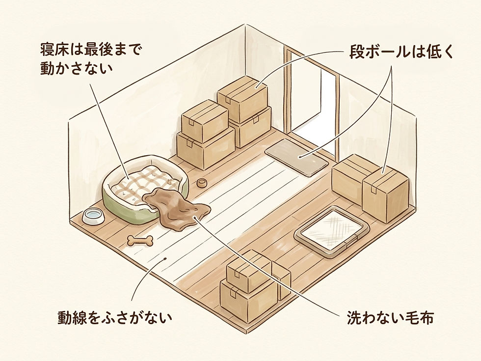 段ボールは動線を避けて置き、寝床まわりは最後まで残す配置の例。