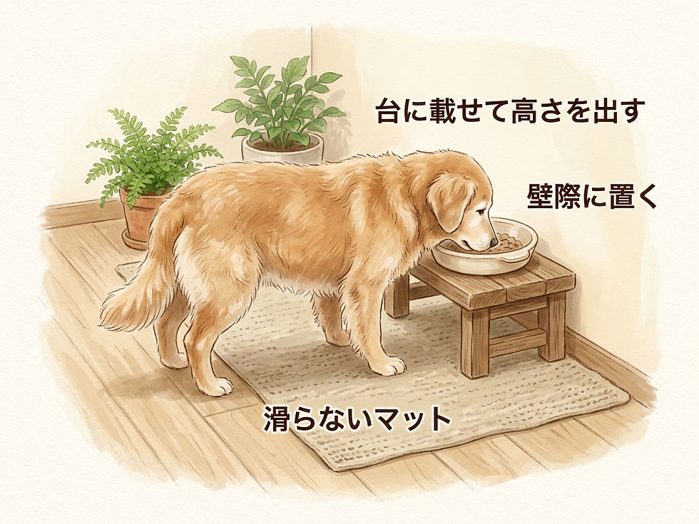 図解:首を深く下げずに食べられるよう、食器の高さと置き場所を整えた例。