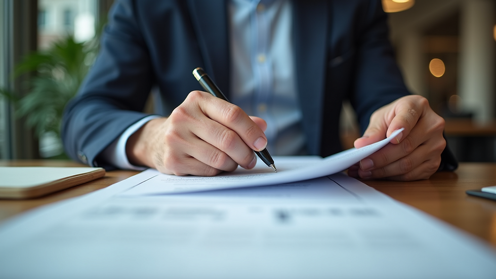 Eye-level view of a business owner reviewing legal documents