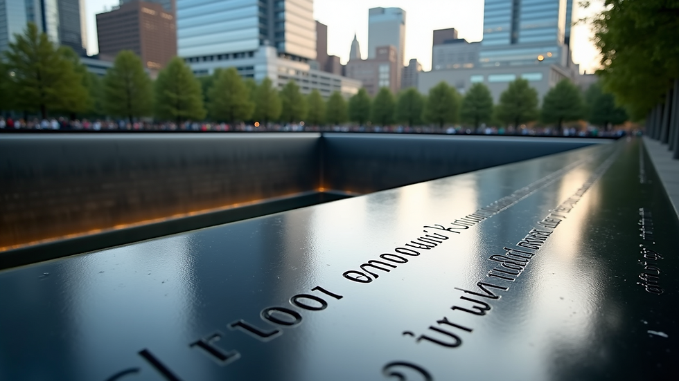 Wide angle view of the 9/11 Memorial reflecting pool