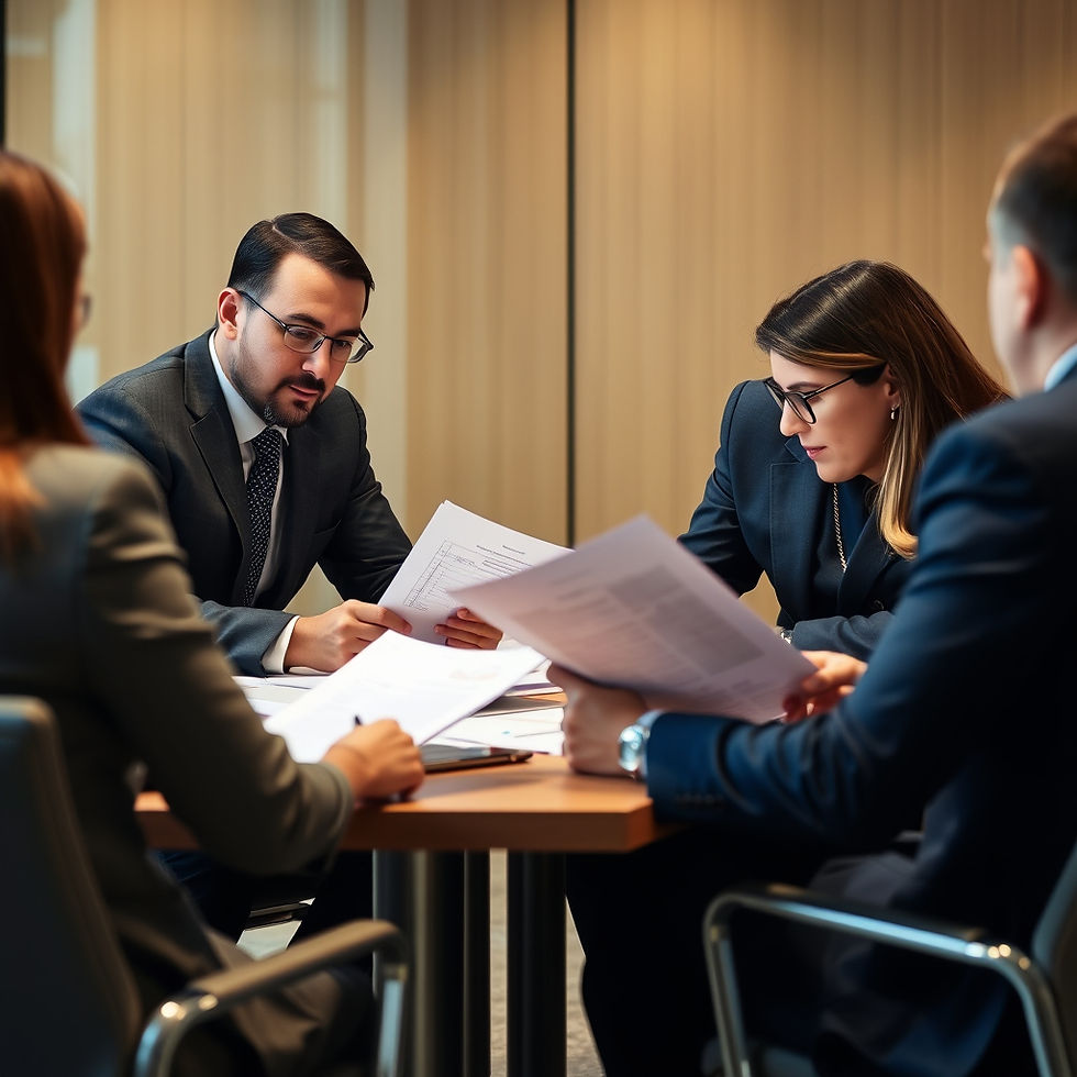 Business executives reviewing compliance documents during an internal audit meeting.