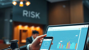 Modern digital-platform risk scene with legal documents, smartphone app interface, courtroom undertone, analytics dashboard, and business executives reviewing compliance and product-design exposure, realistic professional style, high resolution.