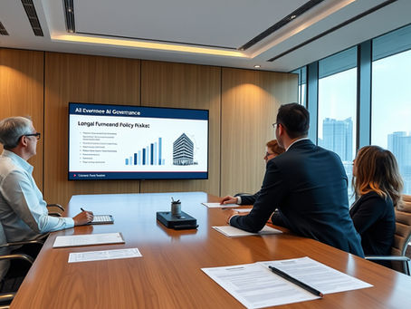Modern corporate boardroom with AI governance presentation on a screen, contract documents and compliance checklist on a conference table, professional executives reviewing technology policy risk, realistic high-resolution business style.
