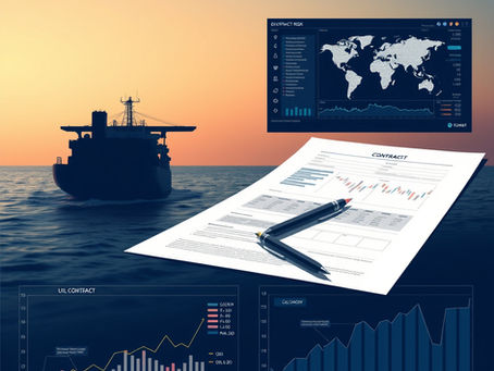 Modern business risk scene with shipping routes, oil tanker silhouette, contract documents, cybersecurity dashboard, and financial charts, corporate and realistic style, high resolution, subtle U.S. business context.