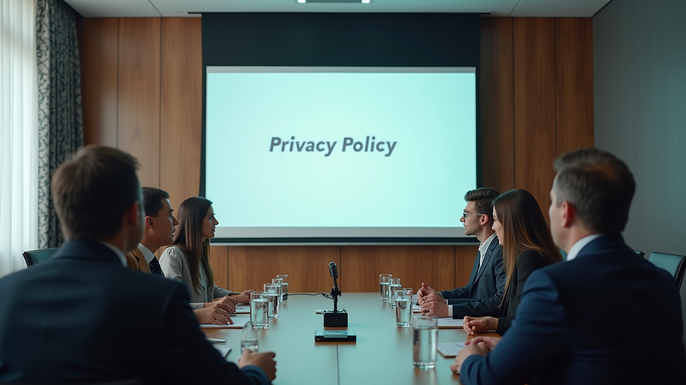 High angle view of a conference room with a privacy policy presentation on screen