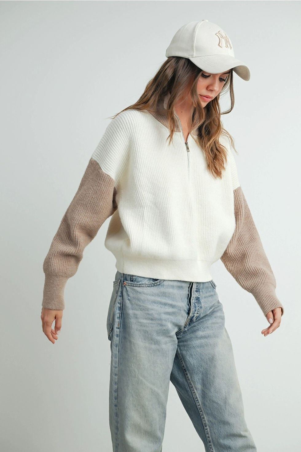 Thumbnail: Neutral colorblock quarter zip sweater in ivory and beige ribbed knit