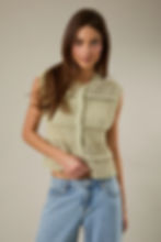 Sage green sleeveless open-knit button-front top with layered ruffle detailing and scalloped edge.