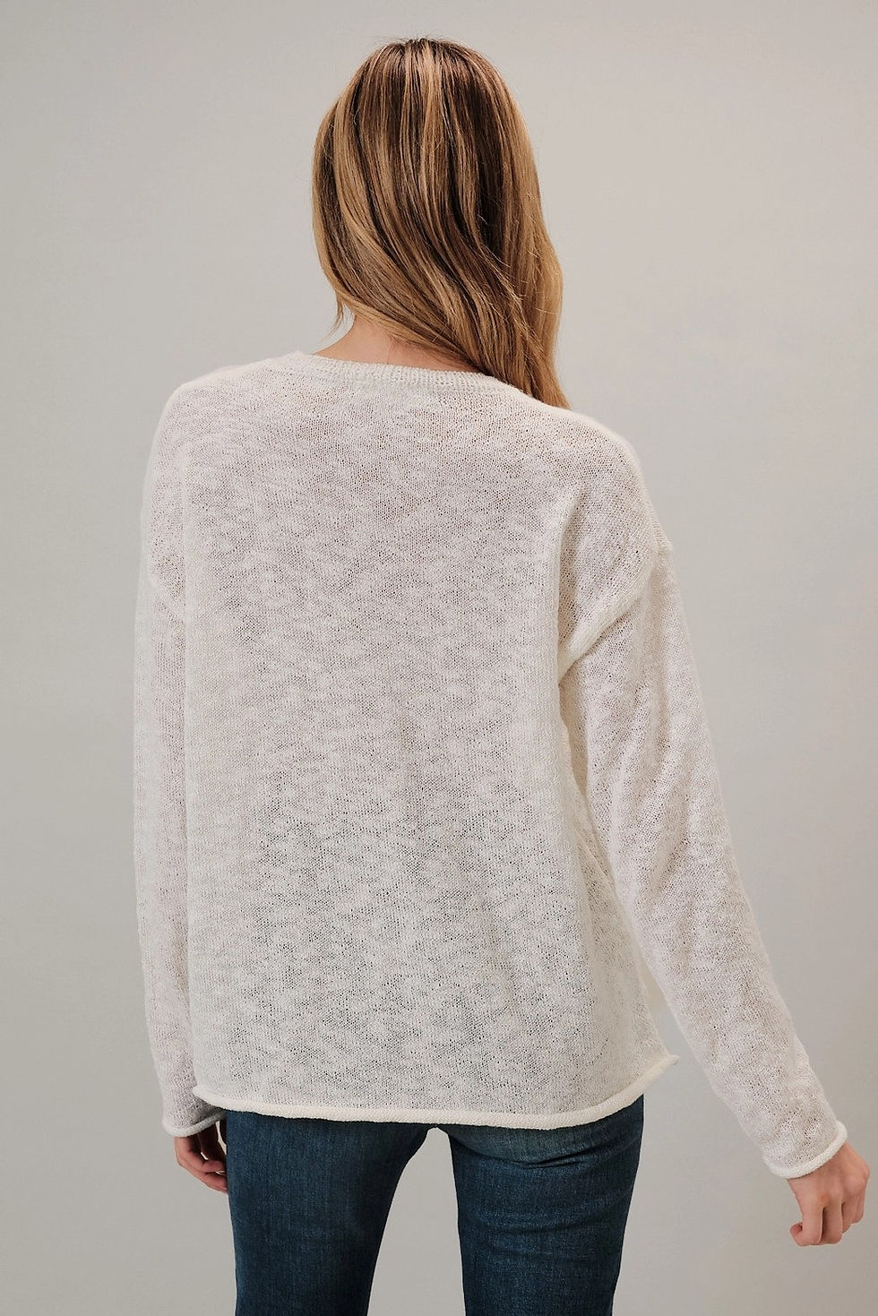 Thumbnail: Women’s lightweight white beach day sweater, relaxed long sleeve knit pullover top for casual coastal style.