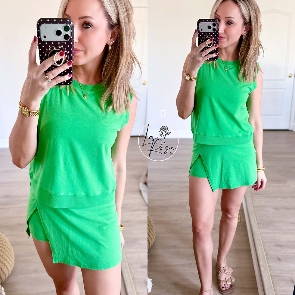 Thumbnail: Green set featuring a sleeveless relaxed-fit top and wrap-style skort with built-in shorts, designed with soft stretch.