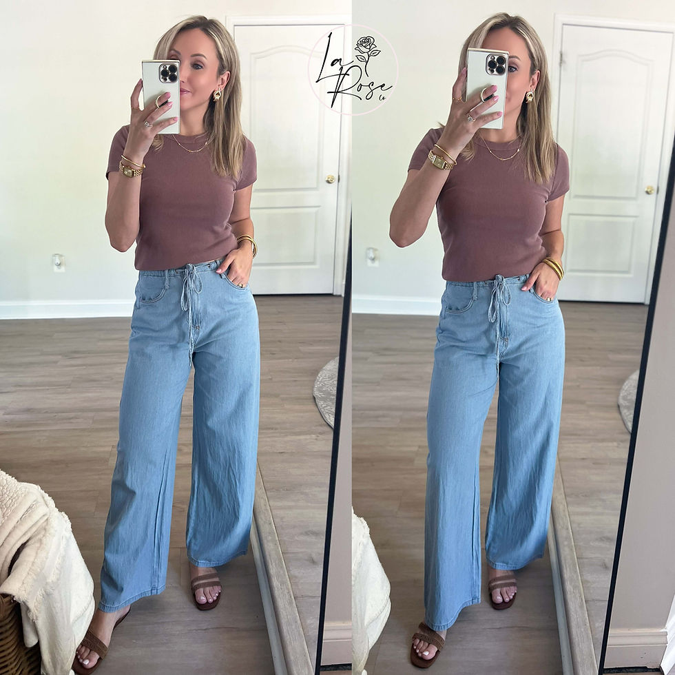 Thumbnail: Women’s light wash wide leg jeans with high-rise fit, adjustable drawstring waist, and soft lightweight denim.