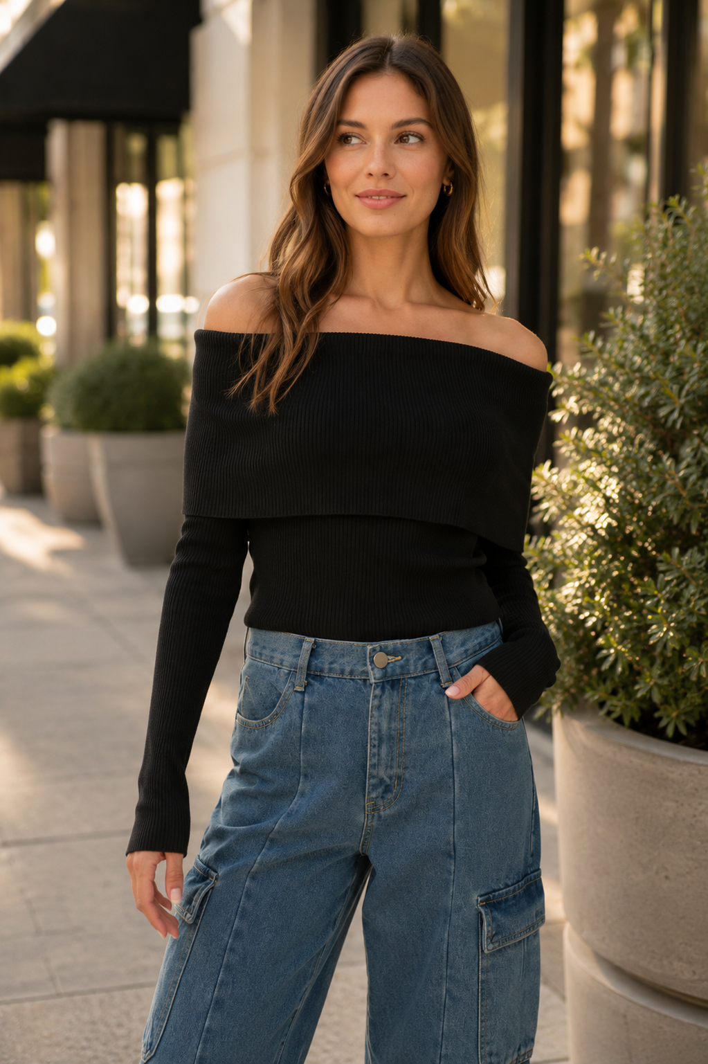 Billie Rib-Knit Off-Shoulder Foldover Top