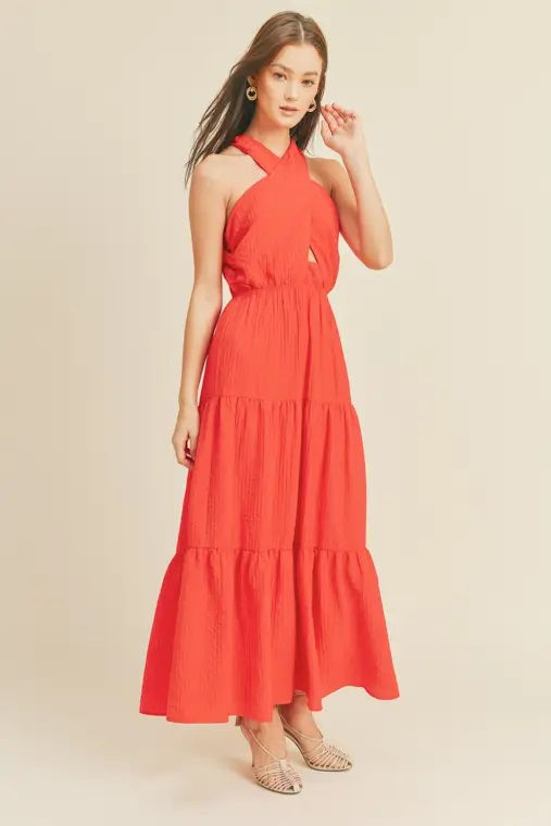 Thumbnail: Braelyn Cross Front Halter Maxi Dress