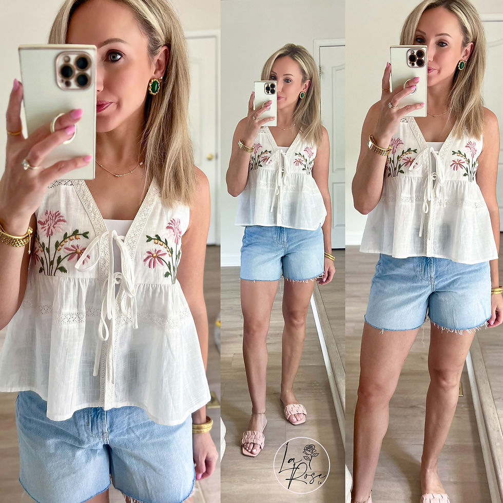 Thumbnail: Women’s white embroidered tie-front peplum top with floral stitching, lace trim details, sleeveless boho summer blouse.