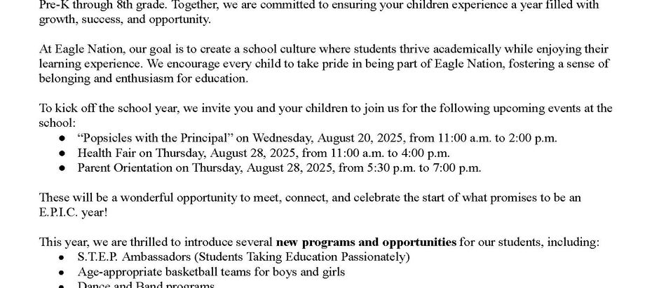 Family Welcome Back Letter 2025