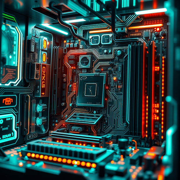 technology themed and futuristic look of a motherboard or internal workings of a computer.