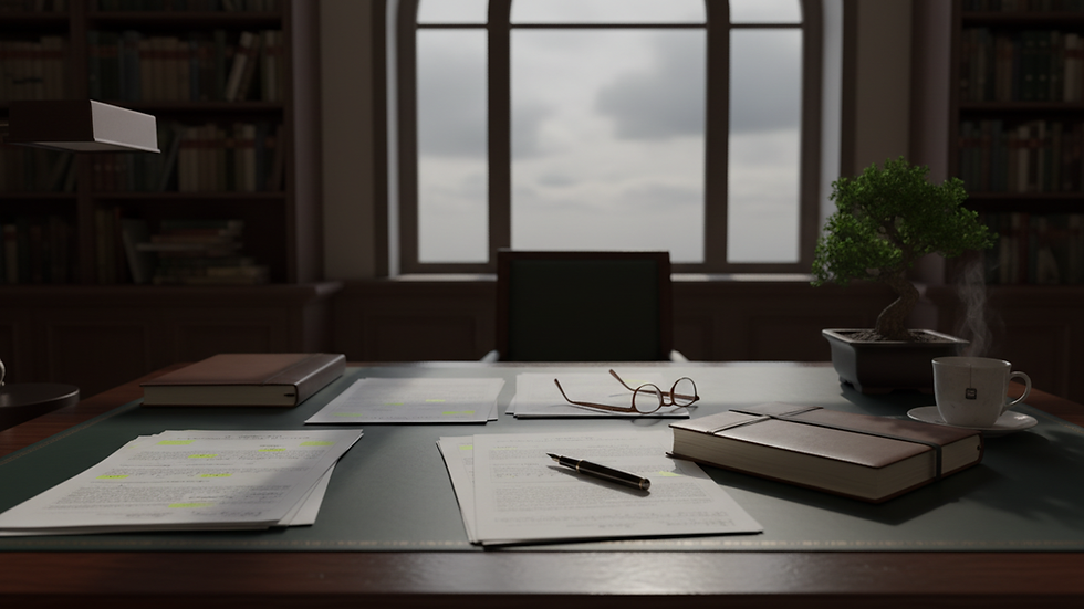Eye-level view of a consultation desk with documents and a pen