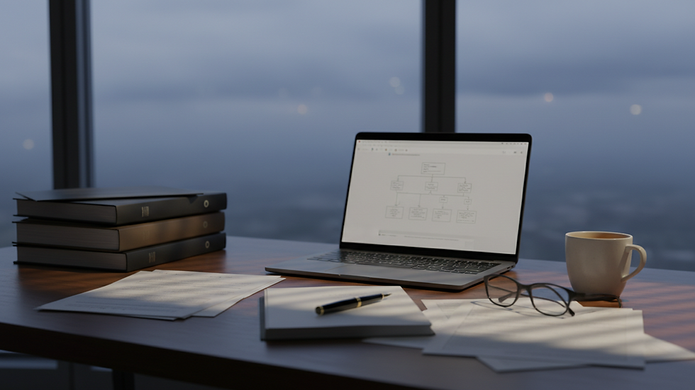 Eye-level view of a professional office desk with documents and a laptop