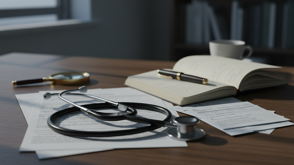 Close-up view of medical documents and a stethoscope on a desk