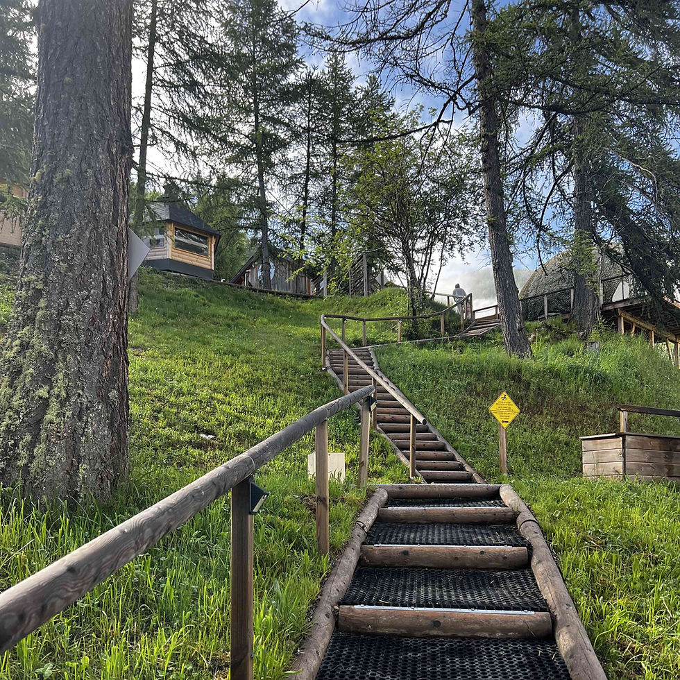 stairs up steep hill with pods which people can stay in