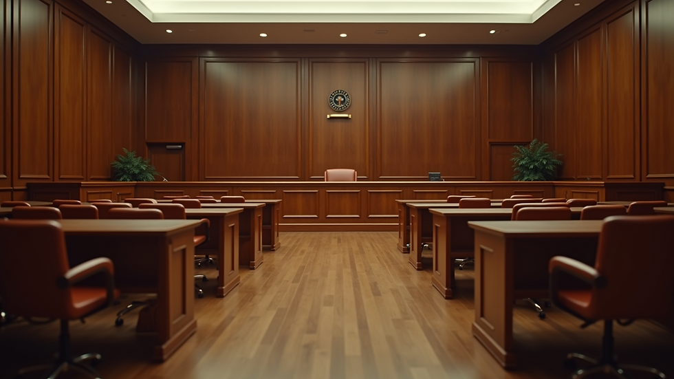 Eye-level view of a courtroom with empty benches