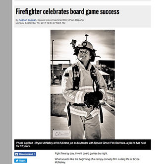 Dice Derbi creator Bryc McNalley celebrates boad game success. Newspaper article.