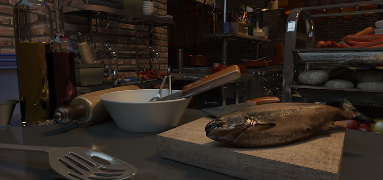 Realistic 3D model and render of kitchen scene