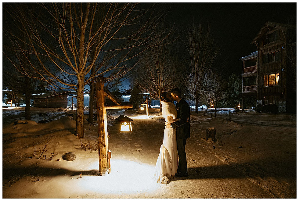 Whiteface Lodge Elopement bride and groom kissing in the snowy night
