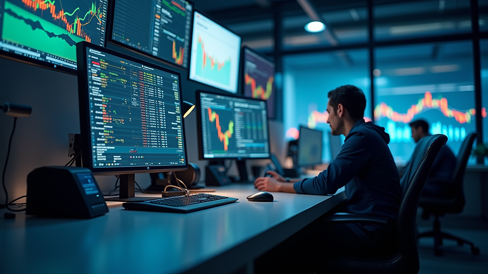 Eye-level view of a modern trading desk with multiple monitors displaying market data