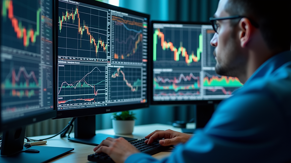 Eye-level view of a trader analyzing multiple futures charts on a computer screen
