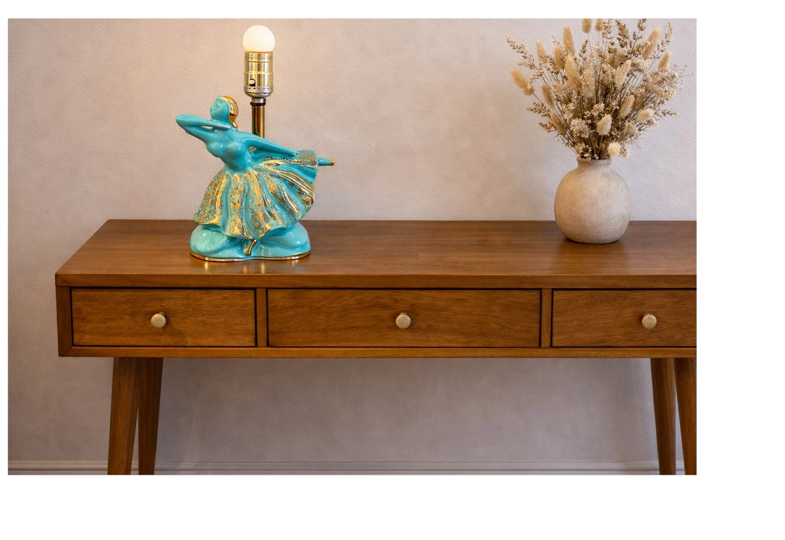 Lampe de table vintage Richard Singer & Sons turquoise avec ballerine dorée dansante