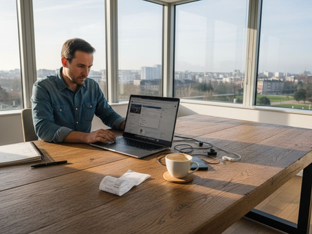 Un homme supervise ses campagnes Facebook Ads dans un bureau baigné de lumière naturelle.