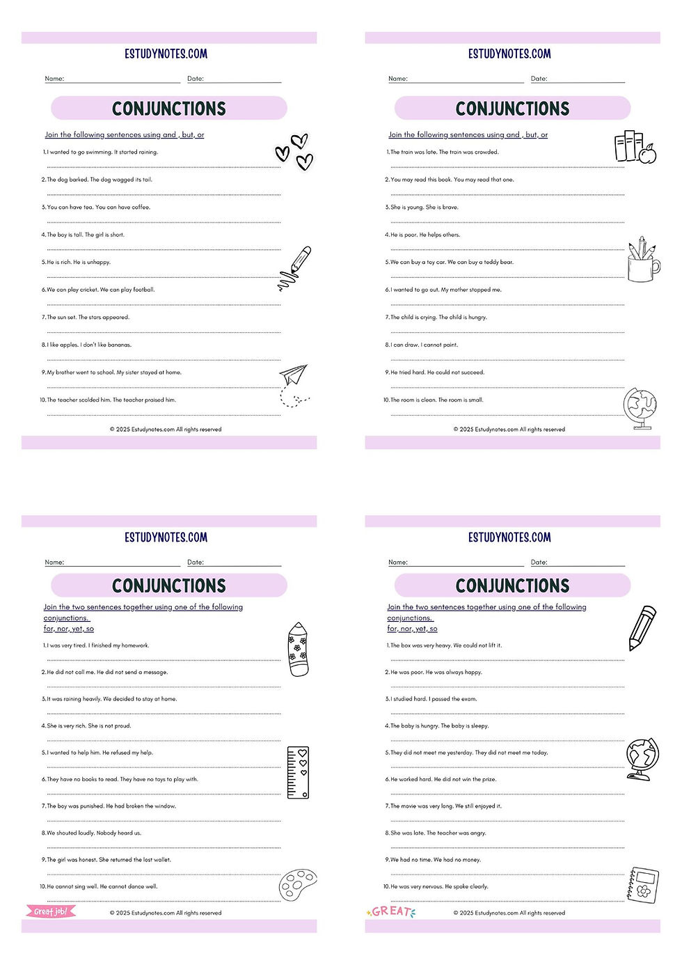 conjunctions worksheet for class 5